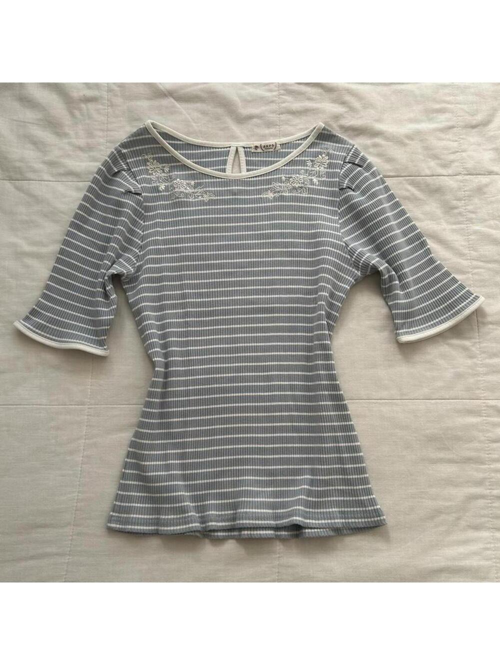 Axes Femme Baby Blue White Striped Embroidered Flower Top Medium